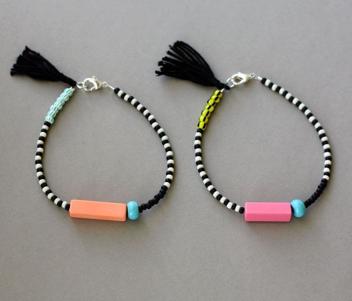 Friendship Bracelet with Tassel - Black and White Bracelet - Beaded Layering Bracelet - Pink, Melon - Choose One