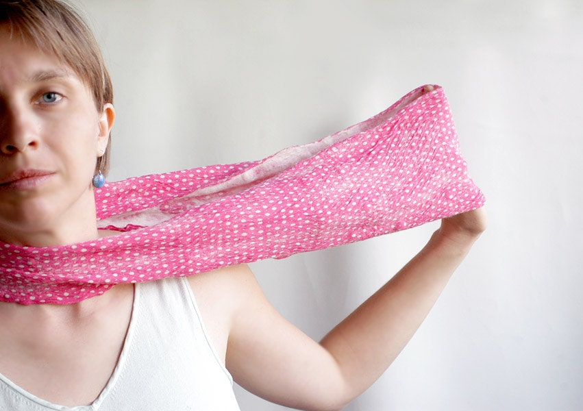 Pink polka dot hand felted cowl wool silk nuno felt scarf minimalist modern easy neck warmer