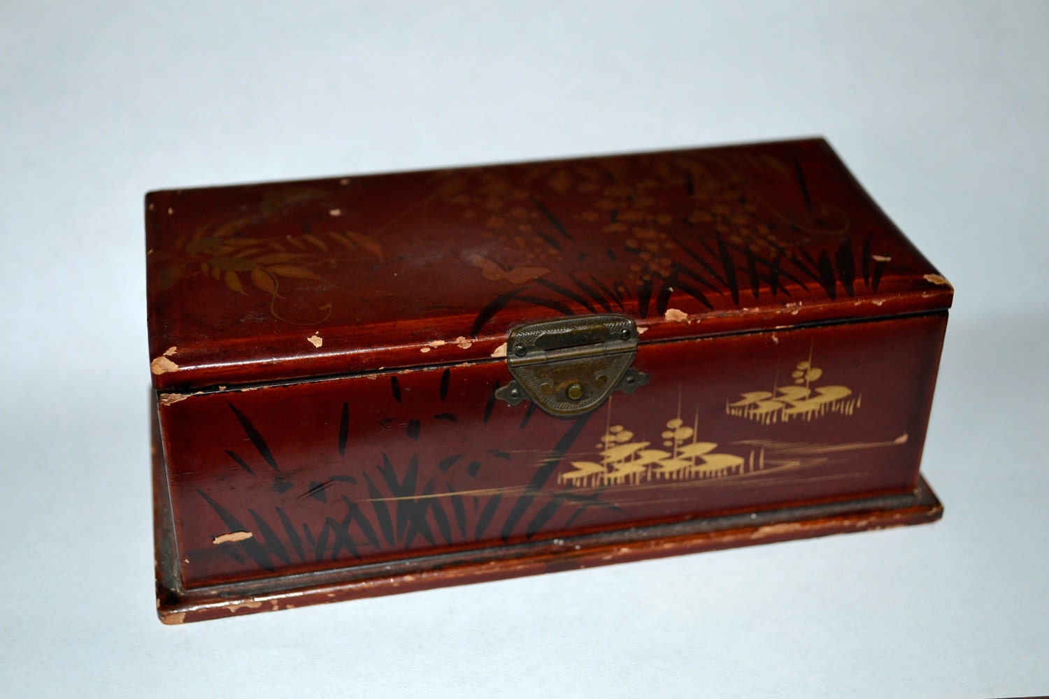 Antique Vintage Asian Lacquer Velvet lined Box