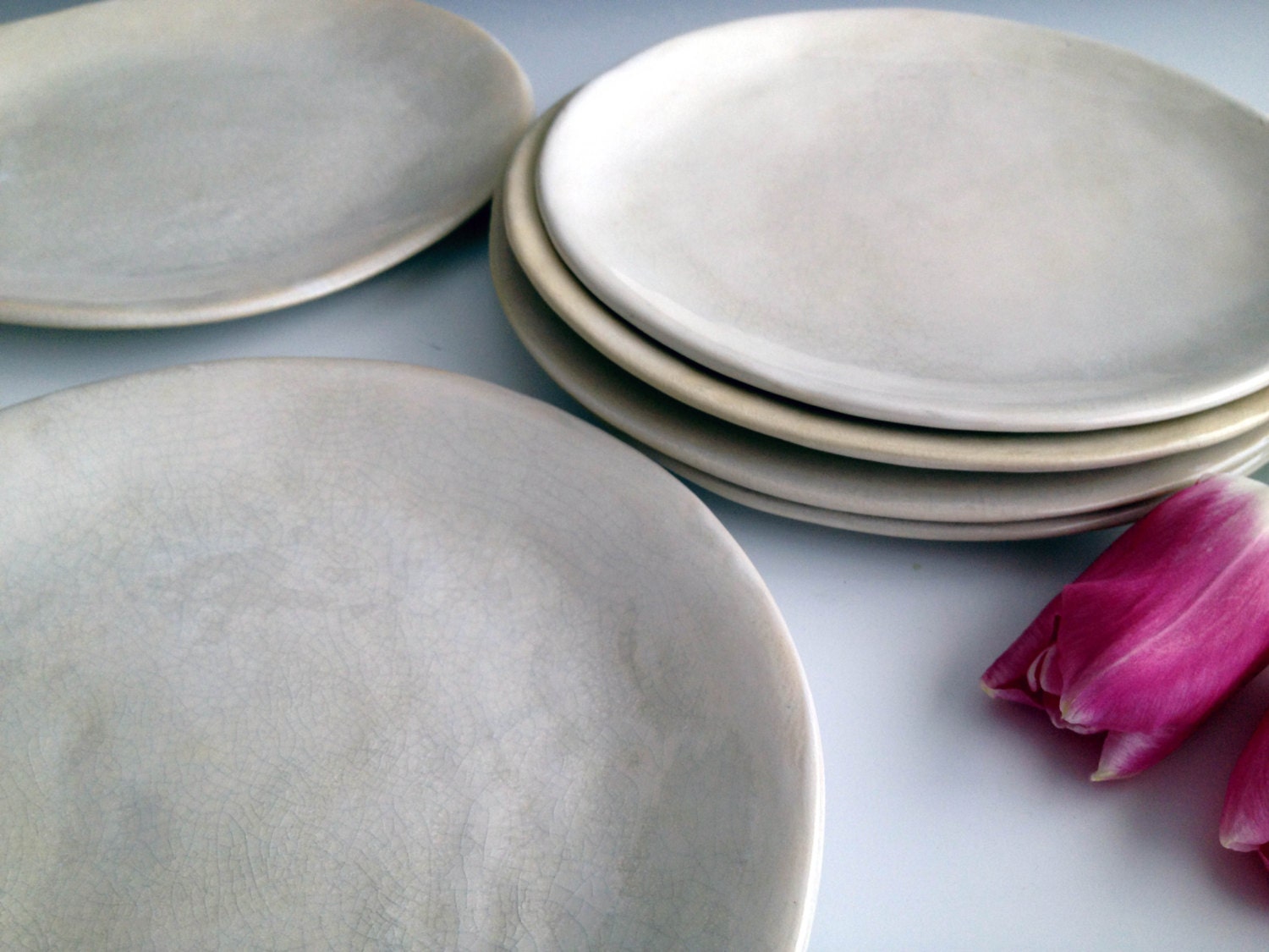 Handmade organic white crackle slab side plates, set of six by Leslie Freeman