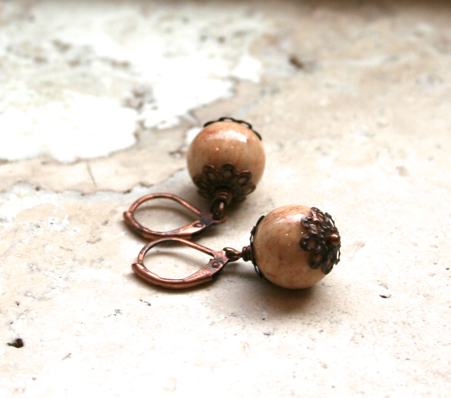 Handcrafted Earthy Woodland Vintage Looking Rodeo Cowgirl Ranch Style Natural Fossil Stone Earrings