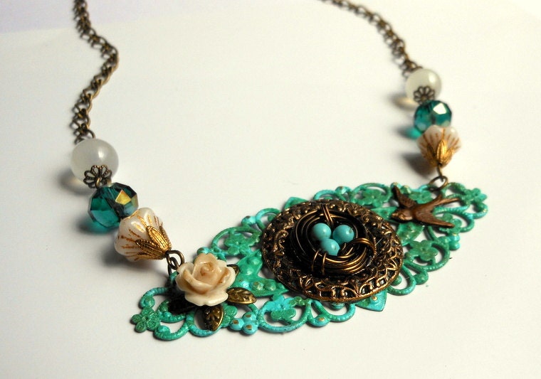Birds Nest Necklace-Rustic Lace Filigree Necklace-Bird Jewelry