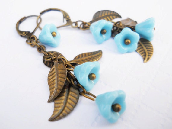 Turquoise Dangling Earrings, Turquoise Flower Earrings, Long Turquoise Earrings, Dangling Blue Earrings, Jewelry, Earrings