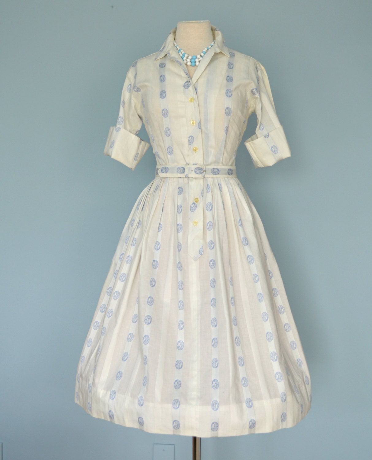 Vintage 1950s Dress...Crisp Blue and White HAYSTACK Cotton Shirtwaist Dress  Medium