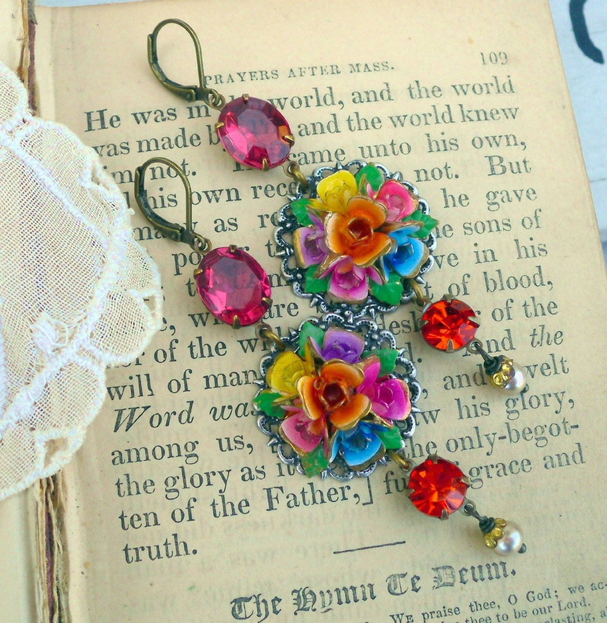 Crazy Wild Garden, Vintage 1940s Austrian Enamel Flower and Vintage Raspberry and Orange Rhinestone Earrings
