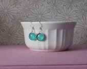 Aqua Flower Glass Cabochon and Paper Earrings
