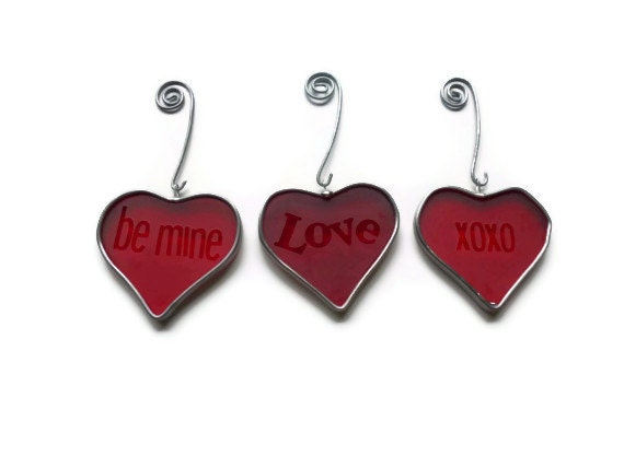 Stained Glass Red Valentine's Day Hearts Set of 3 Suncatchers Ornaments Decoration