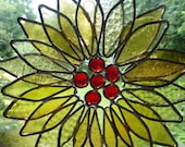 Stained Glass Amber Sunflower w Red Gems