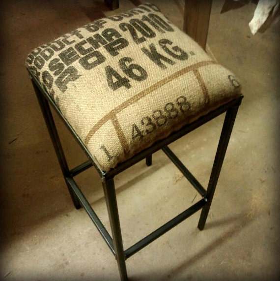 Raw Iron and Recycled Coffee Sack High Stools - HOLD FOR MARRI