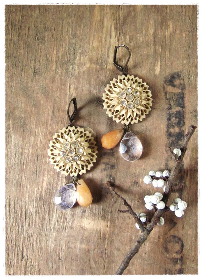 Beaded Boho Drop Earrings, Earth Tones, Repurposed Vintage Rhinestone Dangle Earrings, Biege, Terra Cotta, Eco Friendly Jewelry