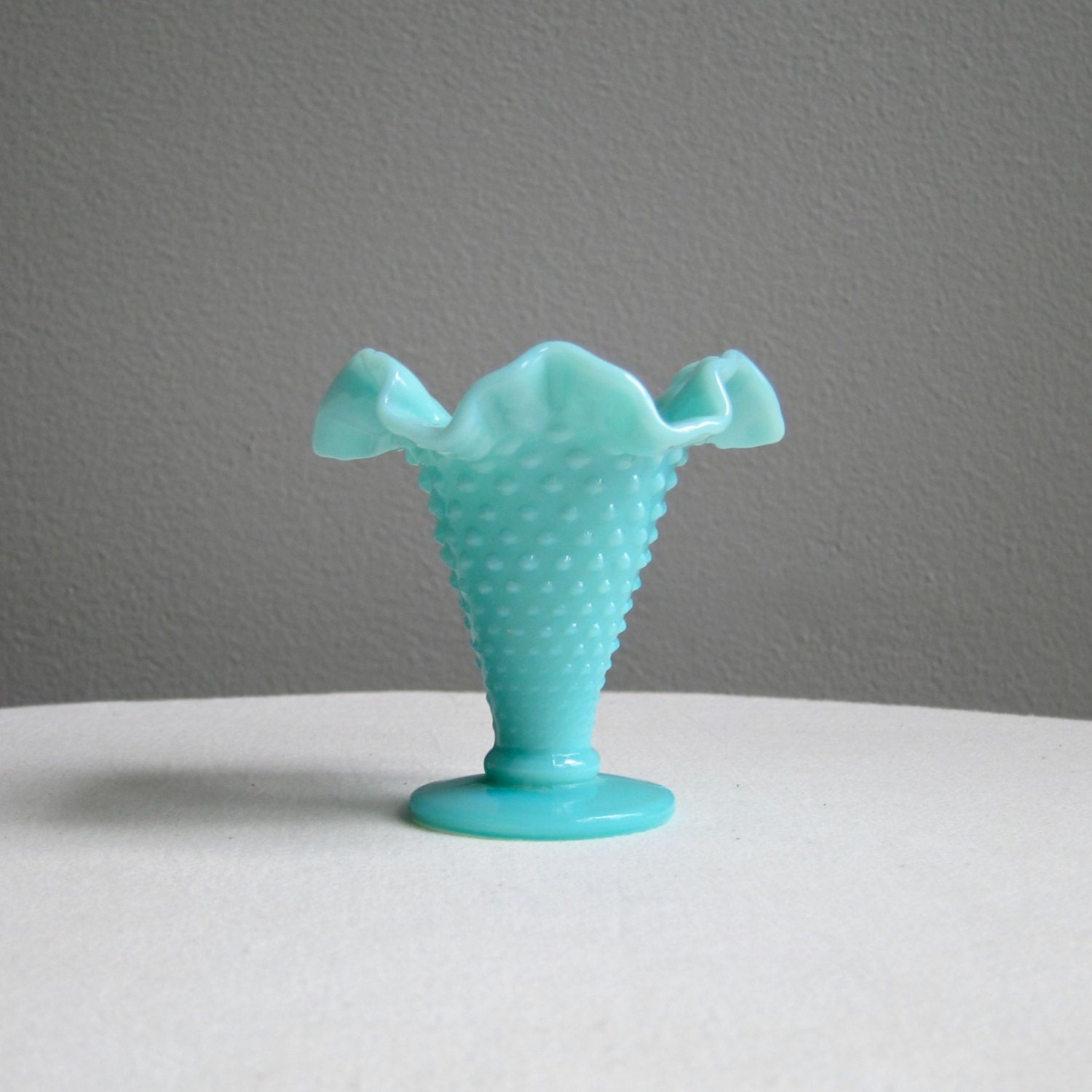 Turquoise Blue Milk Glass Vase Mini Trumpet Form by Fenton with Hobnails