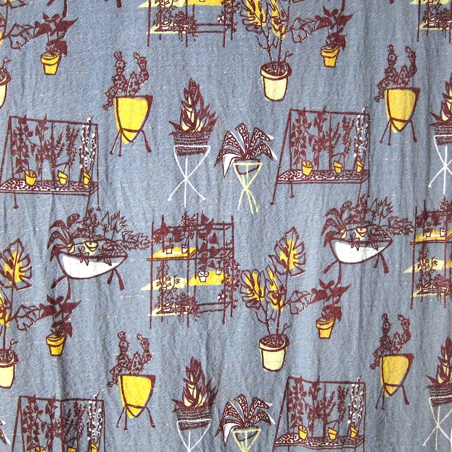 Vintage Bullet Planter Barkcloth Curtain Panels Fabric Yardage Cotton Metallic Thread, 1950s
