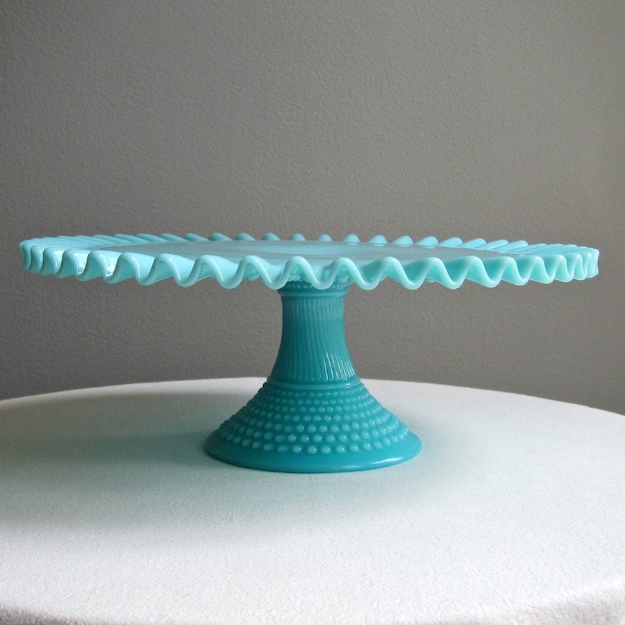 Fenton Turquoise Blue Hobnail Milk Glass Cake Stand, 1950s Wedding Cake Plate