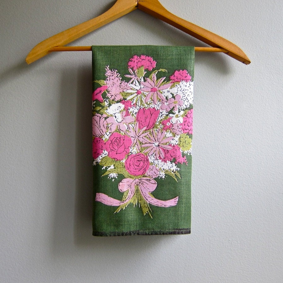 Luther Travis Linen Kitchen Towel with Pink Flowers on Green Background Tea Towel 1970s