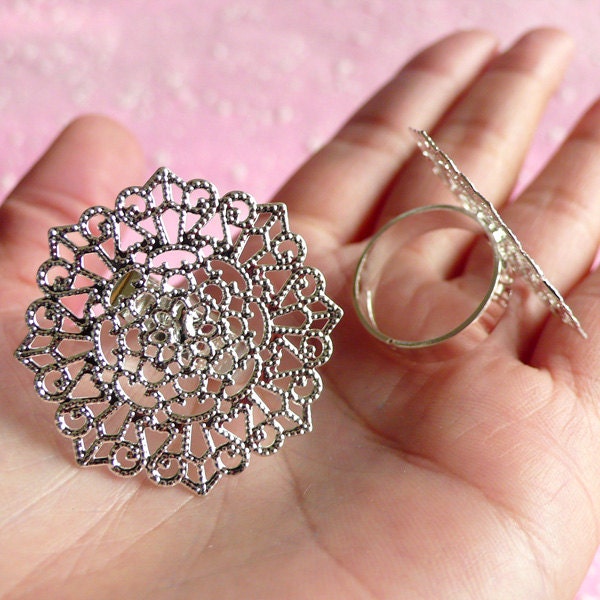 Adjustable Ring Blank with 31mm Filigree / Flower Pad (5 pcs / Silver Color) F030
