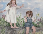 Cute Art Print of original watercolor-11X14-nostalgia,children,flowers,nature