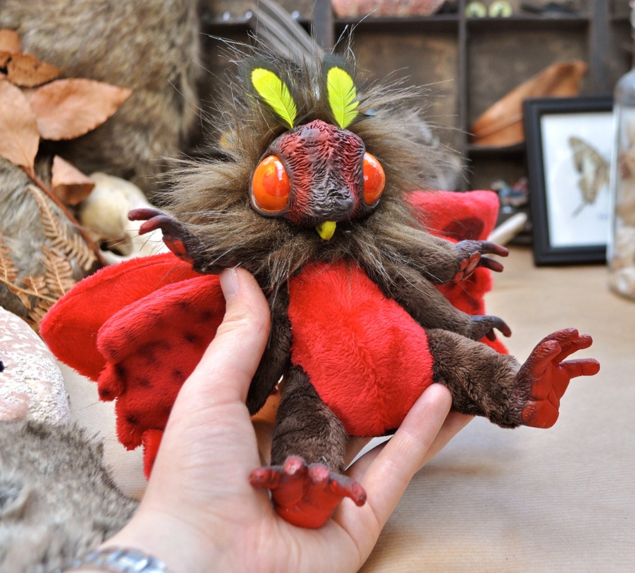 Chocolate Strawberry Mof - cuddly OOAK red and brown moth art doll
