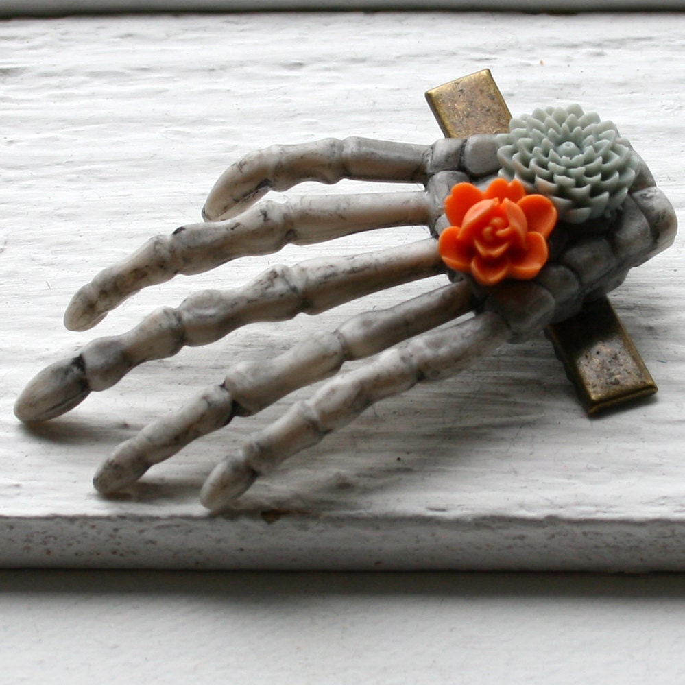 Skeleton Hand Hair Clip - Orange and Grey SALE