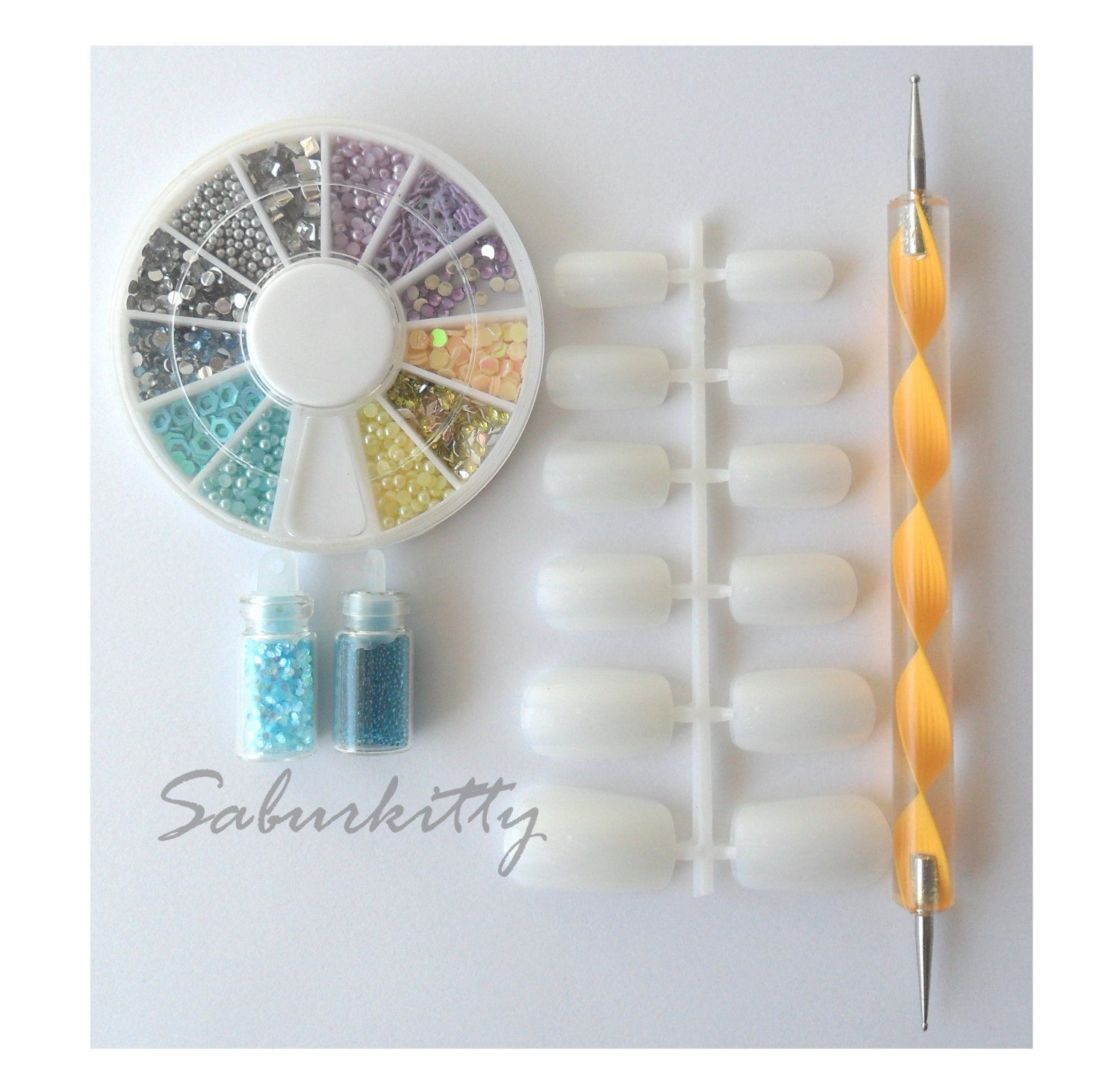 Hipster Pastel Blue Purple Yellow Silver 3D Nail Art Manicure Kit wheel blank nails mini pearls baby DIY