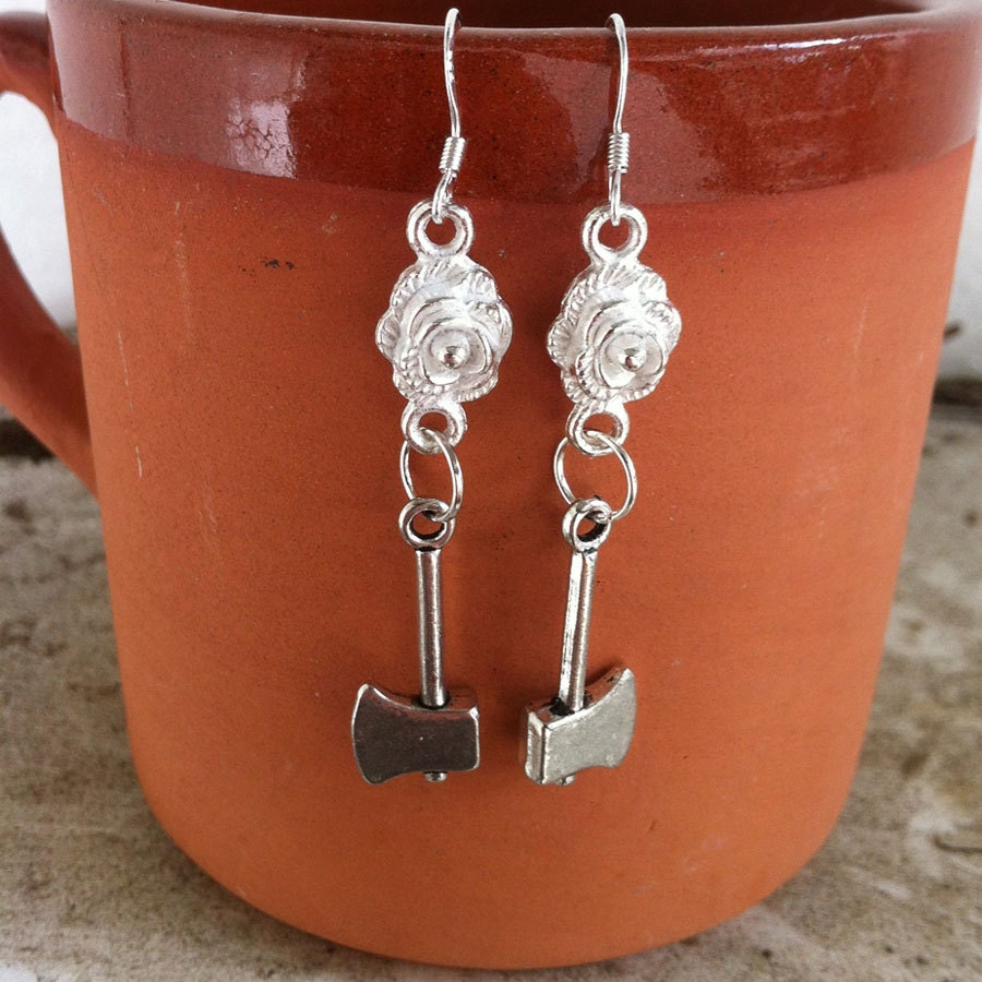 Silver Rose and Axe Earrings