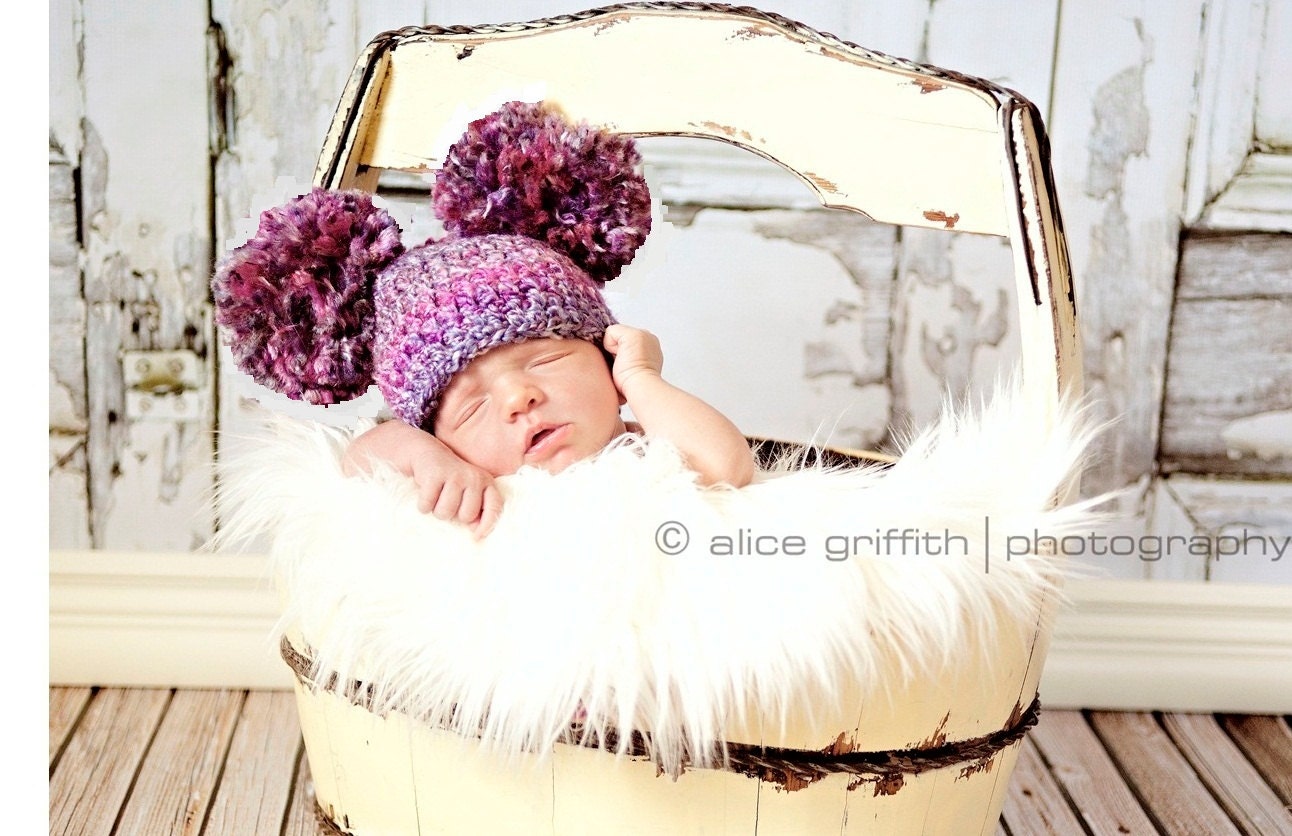 Crochet Pom Pom Hat in Mixed Berries, Photography Prop, More Color Choices Available