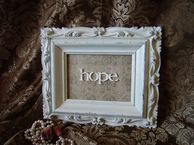 HOPE Assemblage wall decor, distressed, Wall art, home Decor, creamy white and tan, shabby Victorian