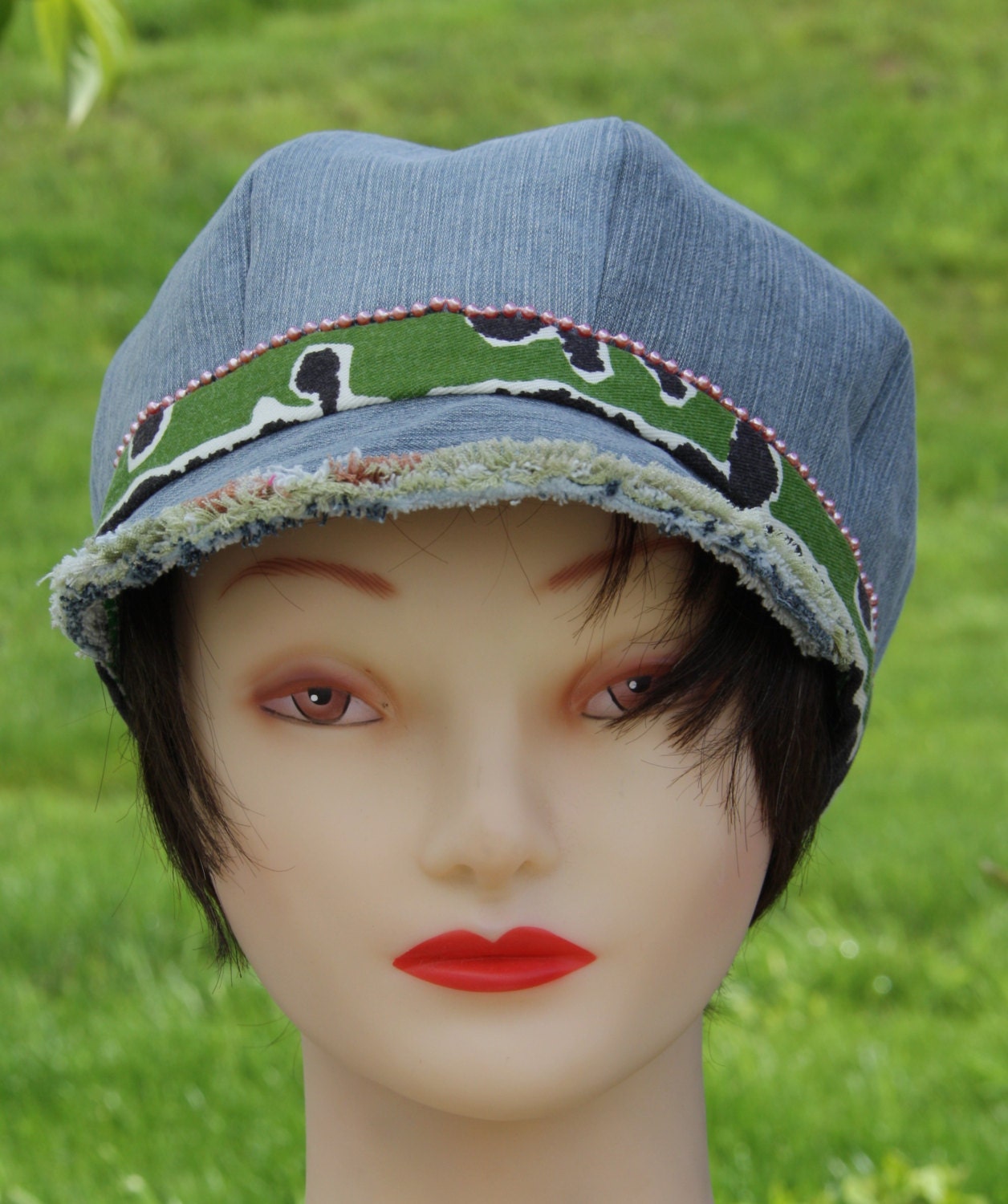 Handmade Ladies Blue Denim Newsboy Style Shabby Rag Brim Hat