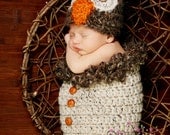 Unisex Newborn Fuzzy Brown and Tan Owl Hat and Cocoon Pod with Buttons