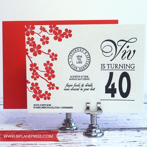 40th Birthday Letterpress Invitations - Cherry Blossom