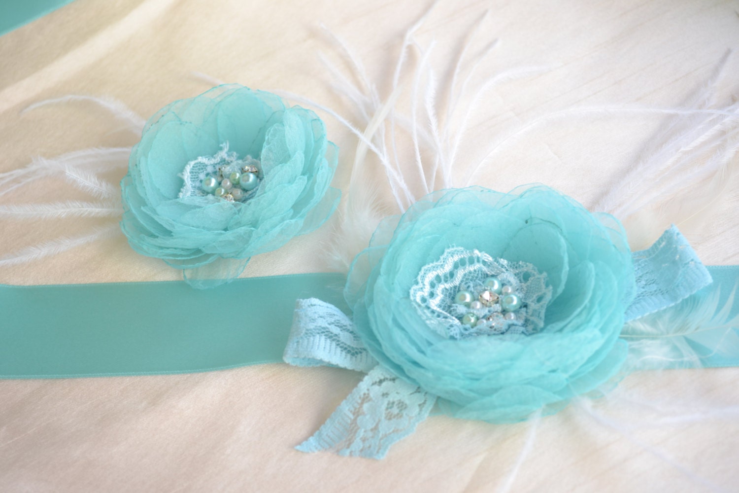 Handcrafted Paradise Fabric Flower Wedding Dress Turquoise / Tiffany blue Bridal Sash Belt and Hair Clip Set