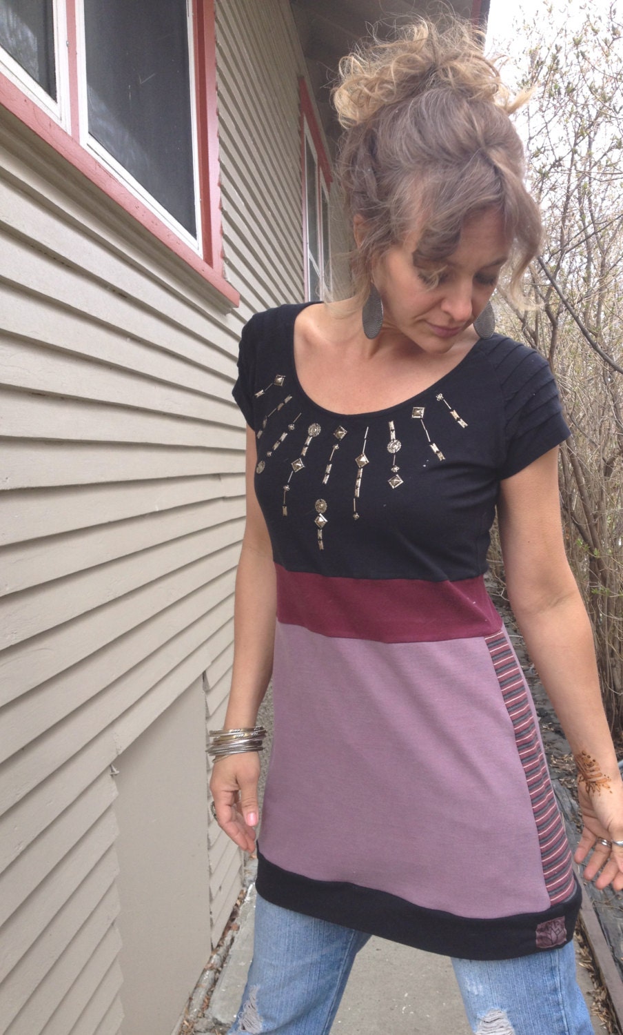 Eco  Tunic shirt, baby doll, Size S/M,Upcycled Clothing, boho, hippie, shabby chic, beaded bodice, black and muted plum mix by Zasra