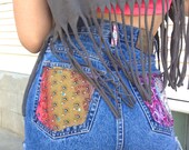 Vintage Pepe brand, high waisted SHORTS,11/12, festival, eco clothing, boho, batik back pockets, Om /hand  & ribbon trim applique , zasra
