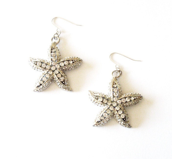 Rhinestone Starfish Earrings - Silver Starfish Earrings - Rhinestone Starfish Jewelry - Beach Bridal Earrings - Beach Theme Wedding Jewelry