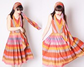 50s Summer Striped Chevron Cotton Cocktail Dress with Matching / 1950s Cocktail Dress / 50s Summer Stripes Dress / 2242