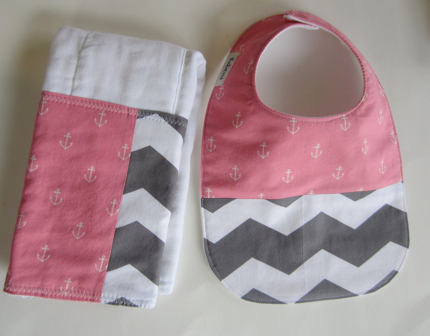 Baby Bib Burp Cloth Set / PINK Anchors / Navy Baby Feeding Set / Nautical Baby / Baby Gift Sets