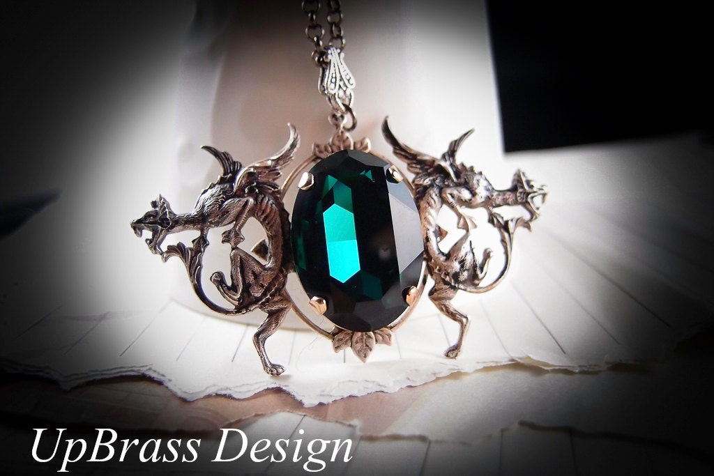 Fiery Emerald Dragons--Swarovski oval X-large emerald crystal antique silver brass gothic necklace