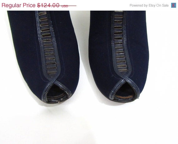 1930s 1940s Dress Shoes Peeptoe Heels in Navy Blue Gabardine Size 7.5 7 1/2