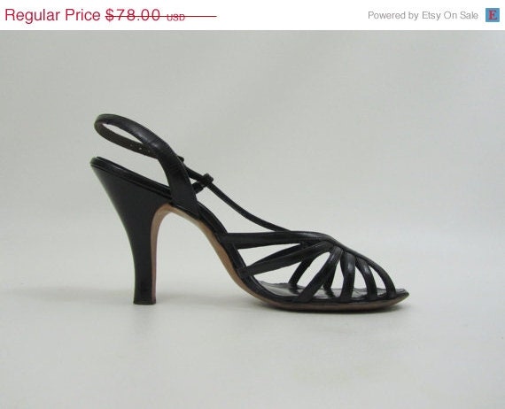 1940s 1950s Shoes Strappy Heels in Black Size 6.5 B