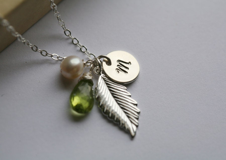 Monogram Necklace,Sterling silver Feather Necklace,Personalized initial,Bridal Wedding Jewelry,Fall Autumn Wedding,Bridesmaid