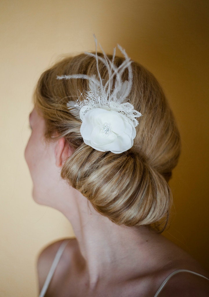 IVORY bridal hair flower wedding hairpiece accessories chiffon flower clip fascinator feather Lace pearl crystal rhinestone wedding flower