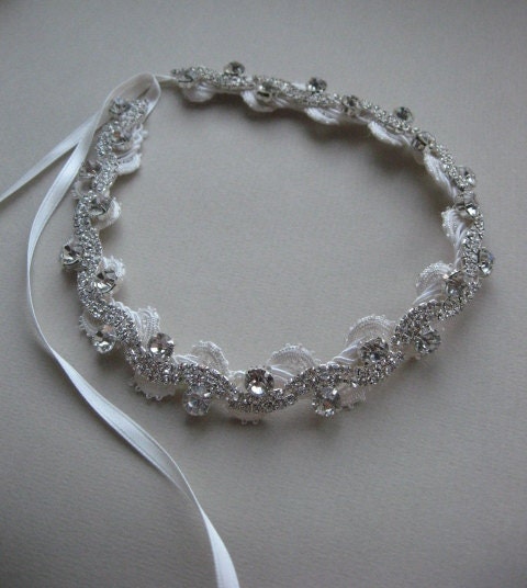 Ivory thin bridal lace rhinestone headband flower girl wedding accessory hairpiece vintage beaded