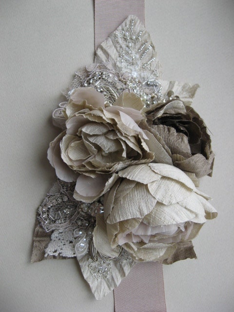Wedding bridal sash rustic farm ribbon belt  Beige Taupe Champagne Vintage flowers shabby chic antiqued silver rhinestone accessory