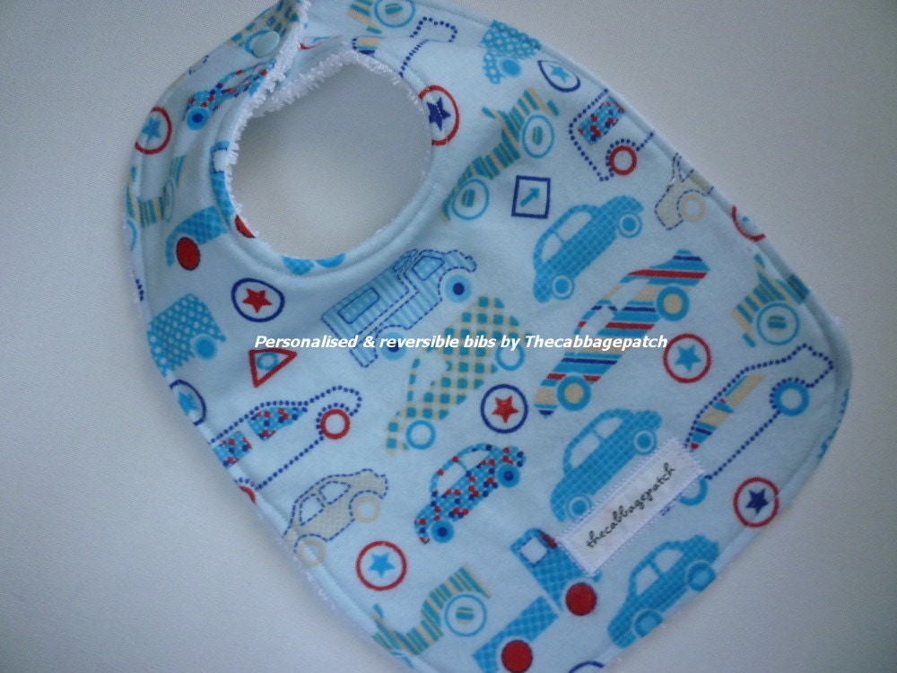 Handmade Personalised baby bib adjustable reversible Cars on blue
