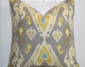 BOTH SIDES - Decorative Pillow Cover - 20 x 20 - Taupe - Yellow - Khaki - Teal - IKAT