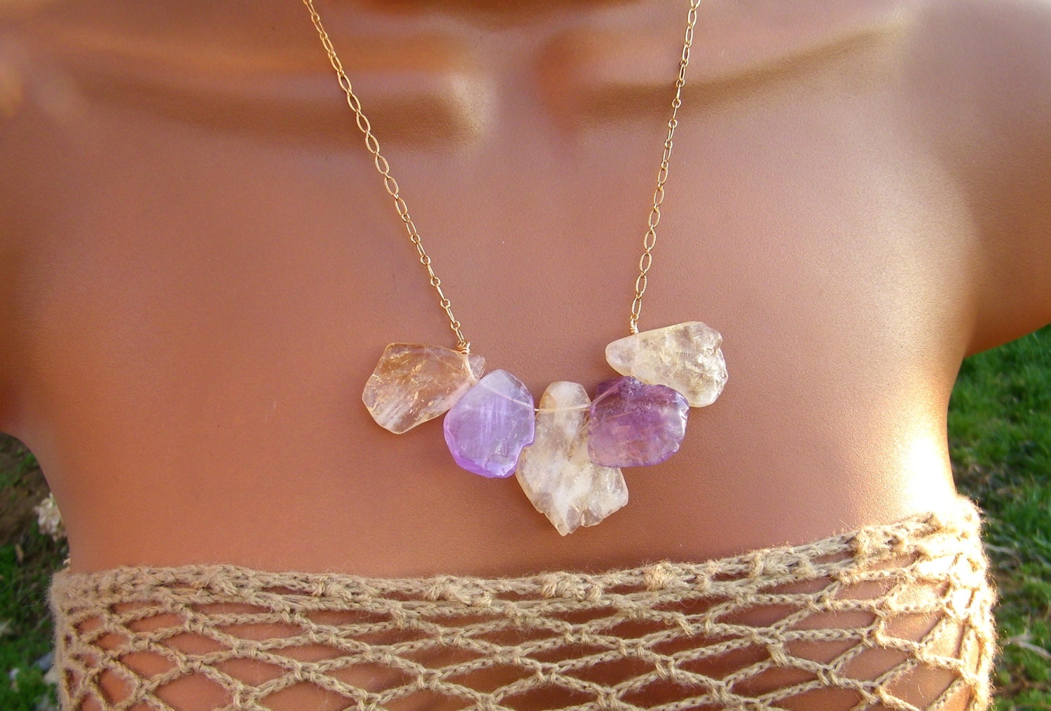 Amethyst and Citrine Flake Bib Necklace. Pastel Stone Spring Petals.Ametrine. Purple and Yellow.
