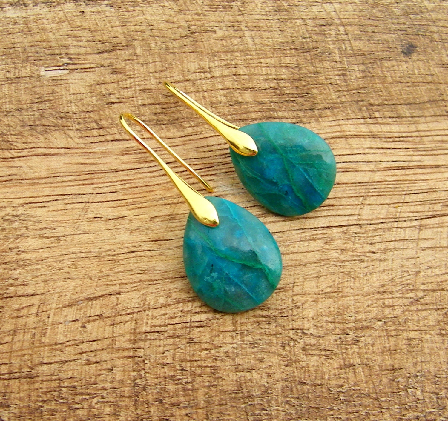 Turquoise Drop Earrings. Chrysocolla Stone Earrings on  Gold. Autumn Style
