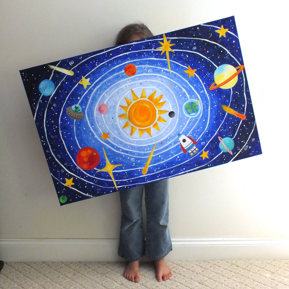 Childrens Wall Art, SOLAR SYSTEM No.5, 36x24 acrylic, space themed painting for kids rooms or nursery decor