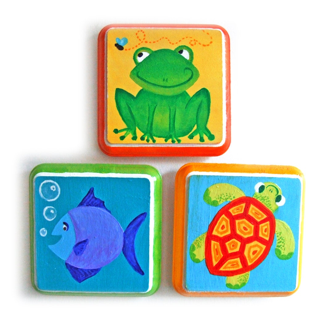 Art for Kids, FROG FISH TURTLE, Set of Three Handpainted 4x4 Plaques, Nursery Art, Kids Decor