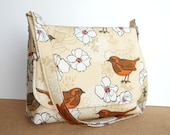 Handmade Crossbody Purse / Fabric Messenger Bag - Birds and Blooms in Rust Orange and Tan