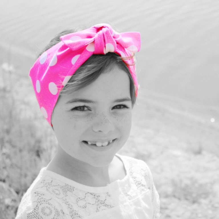 Vintage Inspired Head Scarf, Kids Size, Pink Polka Dots, Retro, Rockabilly
